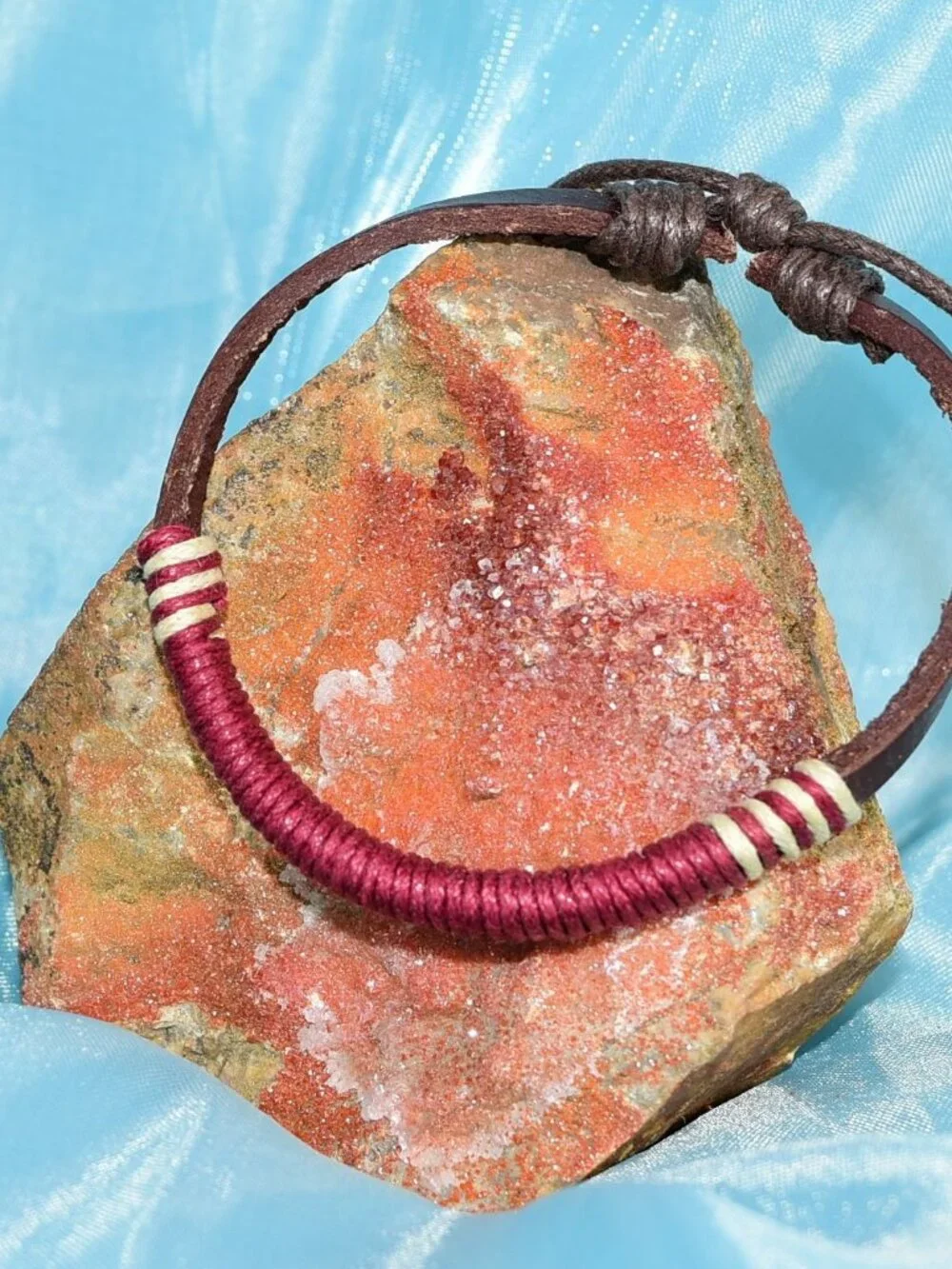 Taylor Rei Hemp Accent Bound Leather Bracelet Maroon Wine Red Mens Gift Boxed